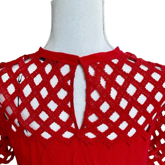 Sandro Paris Lace Blouse FR 2 US 6 Red Cutout Short Sleeve Keyhole NWT $250 - Picture 10 of 13